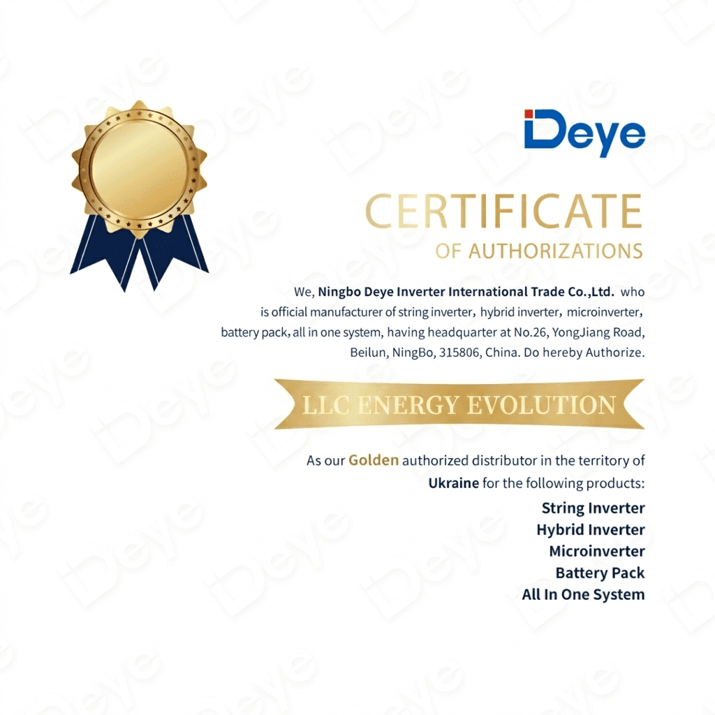 Сертифікат авторизованого дистриб'ютора Deye